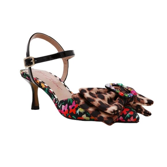 NEW Betsey Johnson Womens Size 8 Leopard Floral Dress Pumps Gemstone Bow Accent - Picture 1 of 9
